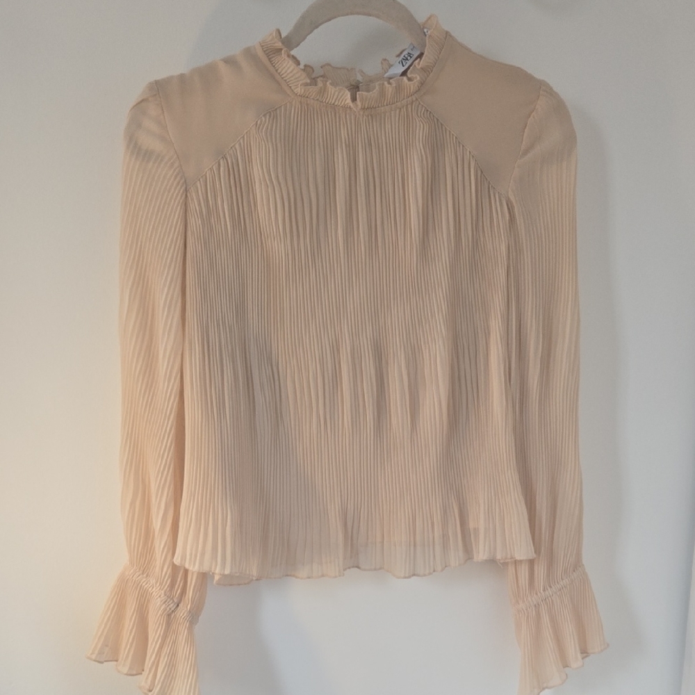 Zara Pleated Cream Ruffle-Neck Blouse